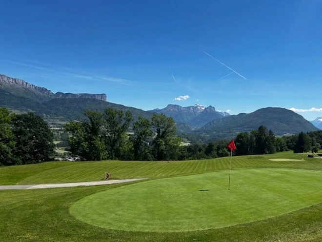View of the Aravis mountain range from the 1st green at the Belvedere Golf Course in Annecy